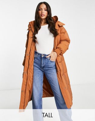 Urbancode Tall longline hooded puffer jacket in toffee brown - ASOS Price Checker