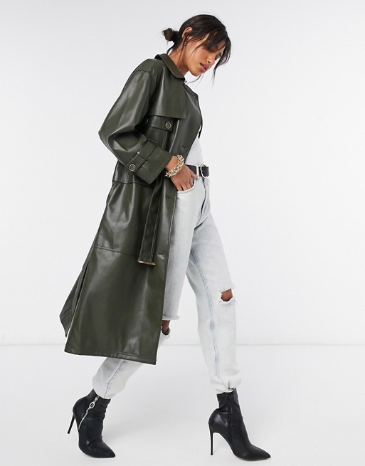 Urbancode Teagan PU leather trench coat in khaki