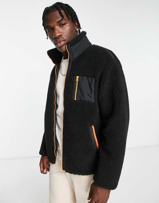 Urbancode teddy borg jacket with contrast zip in black | ASOS