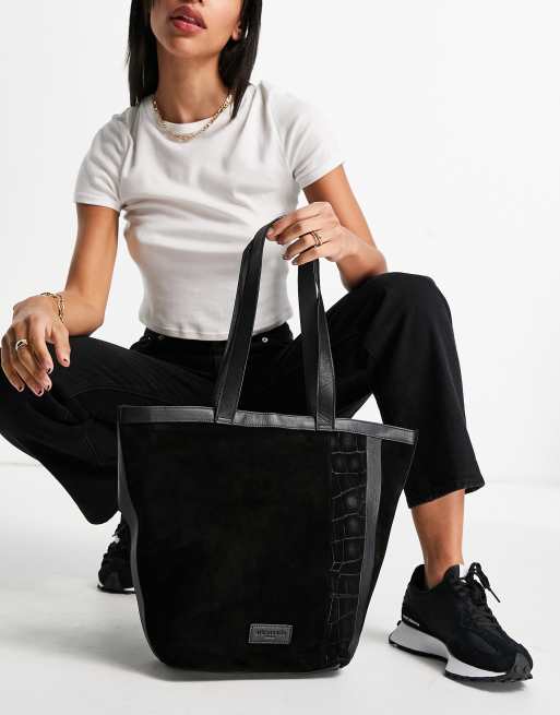 Urbancode Tote bag en cuir véritable et daim Noir ASOS