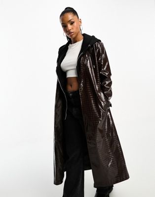 Urbancode vinyl trench coat in chocolate brown croc - ASOS Price Checker