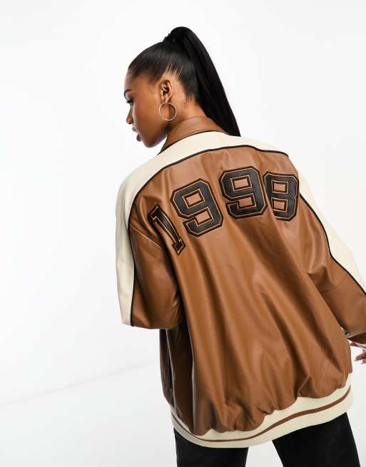 Urbancode - Varsity bomberjack van imitatieleer in bruin