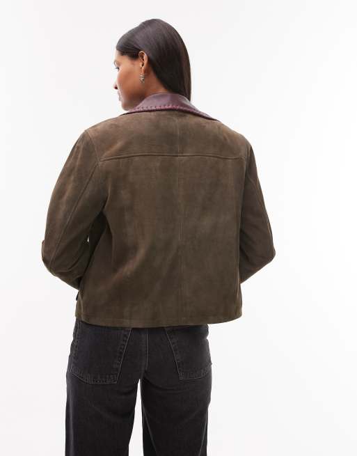 Urbancode - Veste coupe carrée en daim avec col contrastant - Kaki, 2 de 4
