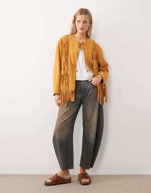 Urbancode - Veste oversize bohème en daim à franges - Jaune, 2 de 4