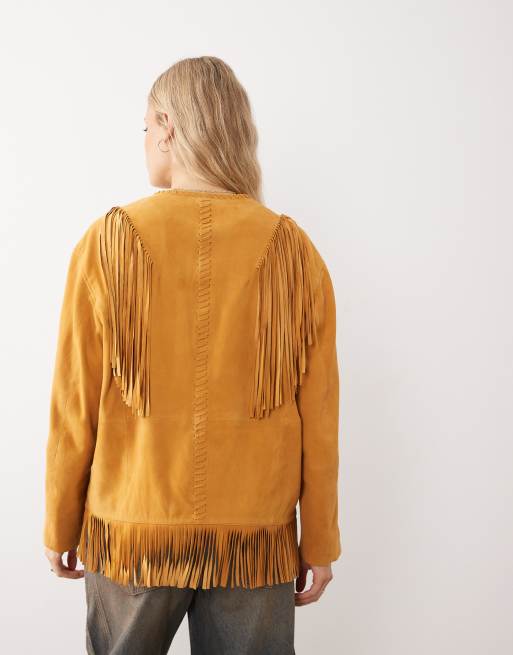 Urbancode - Veste oversize bohème en daim à franges - Jaune, 3 de 4