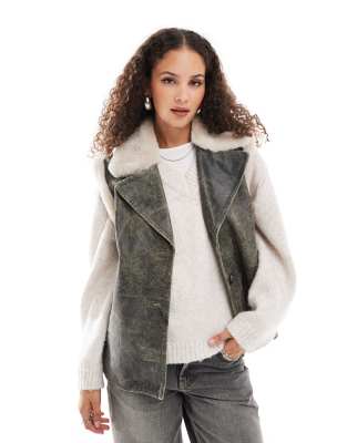 Urbancode - Veste sans manches style motard en cuir effet usé - Noir