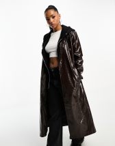 Threadbare Lois longline aviator coat with borg trims in chocolate