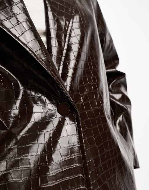 Urbancode vinyl trench coat in chocolate brown croc | ASOS