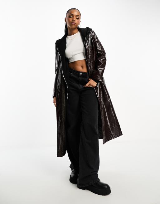 Urbancode vinyl trench coat in chocolate brown croc | ASOS