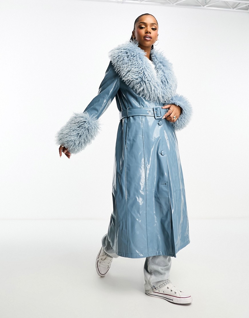 Urbancode vinyl trench coat with borg trim in blue