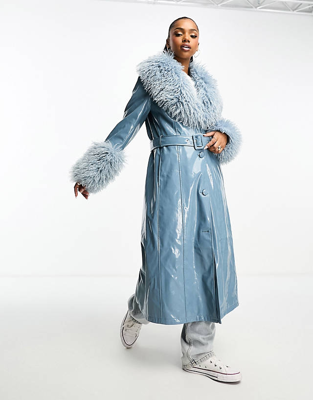 Urbancode - vinyl trench coat with borg trim in blue