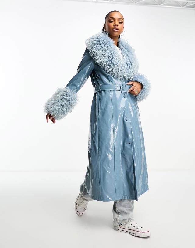 Urbancode vinyl trench coat with borg trim in blue | ASOS