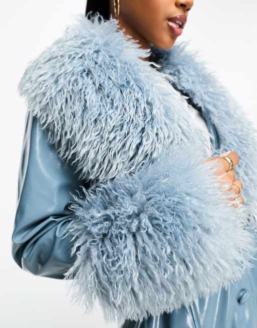 Urbancode vinyl trench coat with borg trim in blue | ASOS