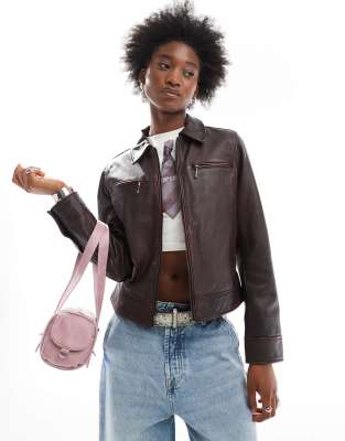 Urbancode Urbancode wash effect leather fitted jacket in burgundy-Red