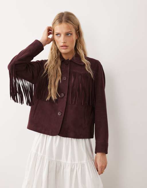 Urbancode western fringed jacket in burgundy, 3 of 4