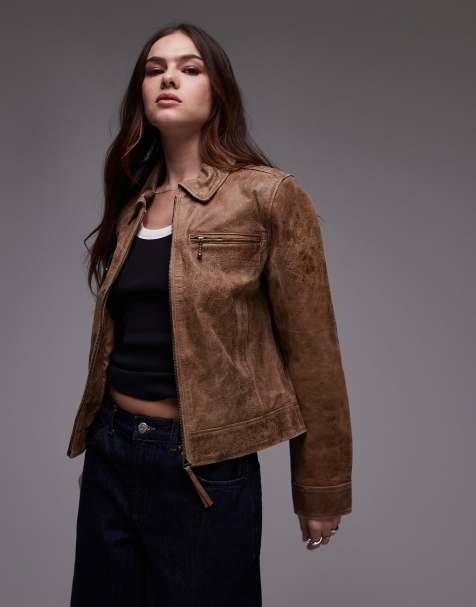 Urbancode zip through fitted crop leather jacket in sand - view 1