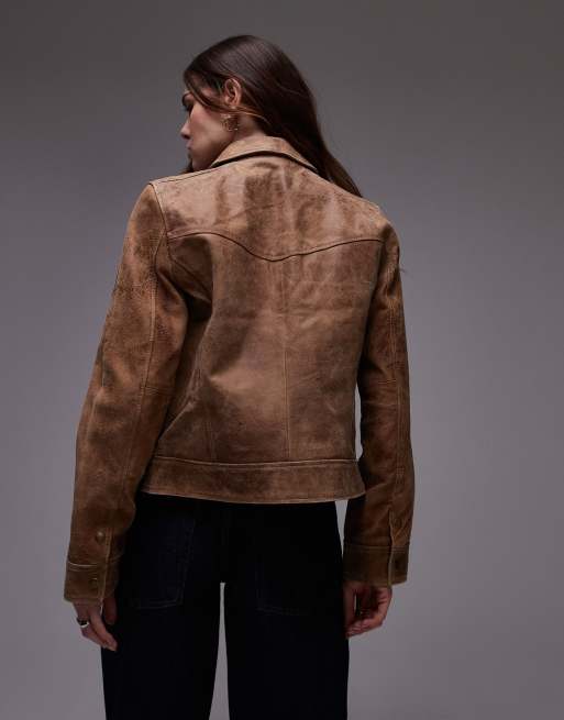 Urbancode zip through fitted crop leather jacket in sand ASOS