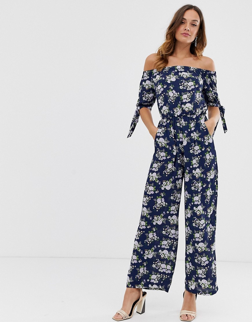Uttam Boutique - Jumpsuit met strikmouwen in bloemenprint-Marineblauw