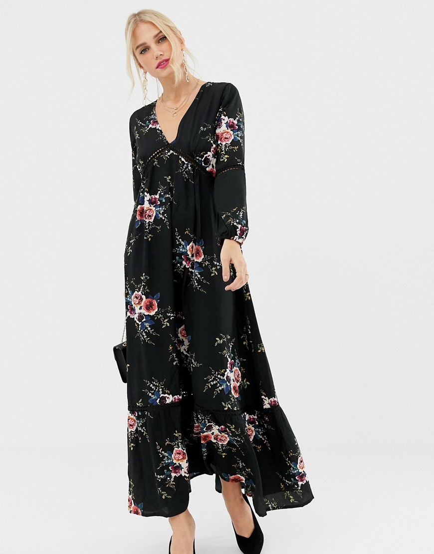 Uttam Boutique - Lange jurk met 3/4-mouwen en bloemenprint-Zwart