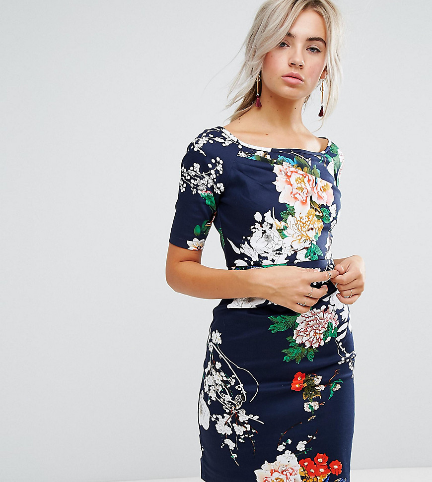 Uttam Boutique Petite blomstret kjole med knude foran-Marineblå