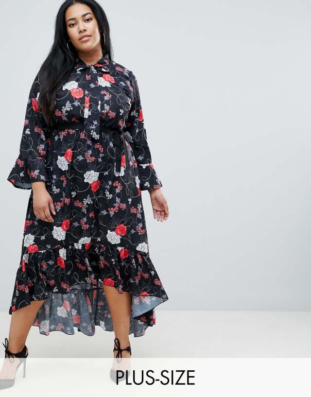 Uttam Boutique Plus Belted Floral Midi Dress With Flute Sleeve