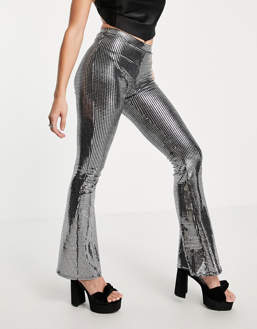Узкие расклешенные брюки с пайетками серебристого цвета ASOS DESIGN-Разноцветный