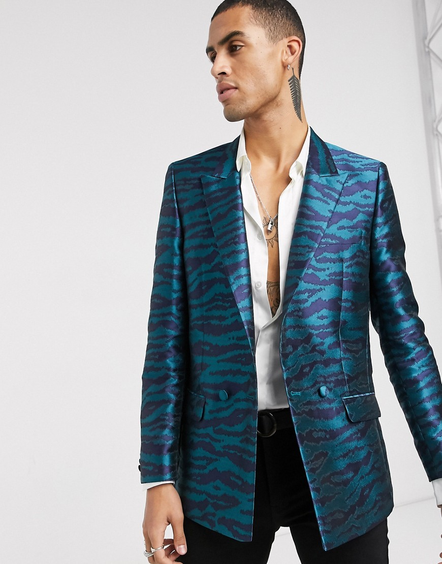 фото Узкий пиджак в стиле смокинга с тигровым узором asos design-темно-синий