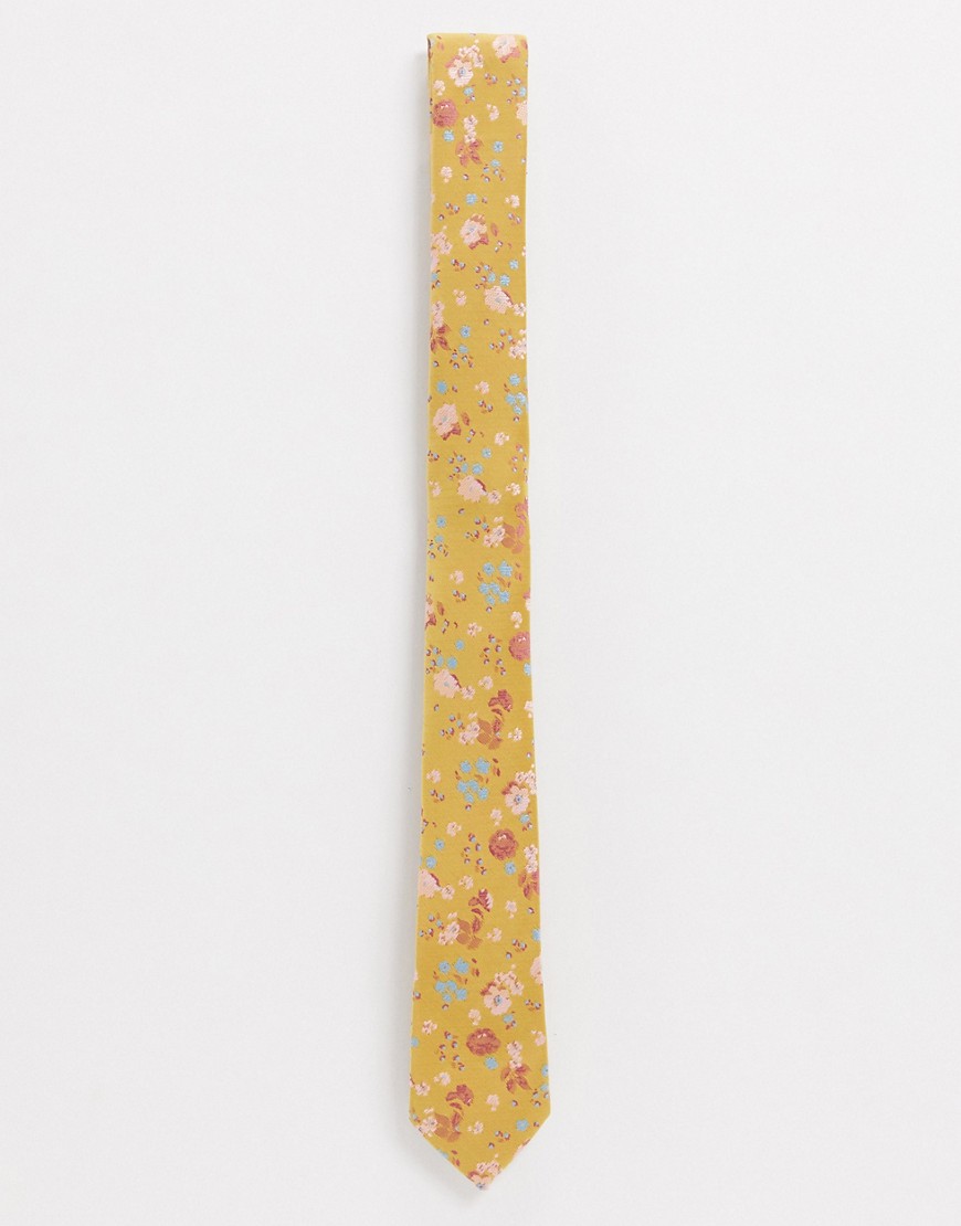 фото Узкий жаккардовый галстук горчичного цвета с цветочным принтом asos design-желтый