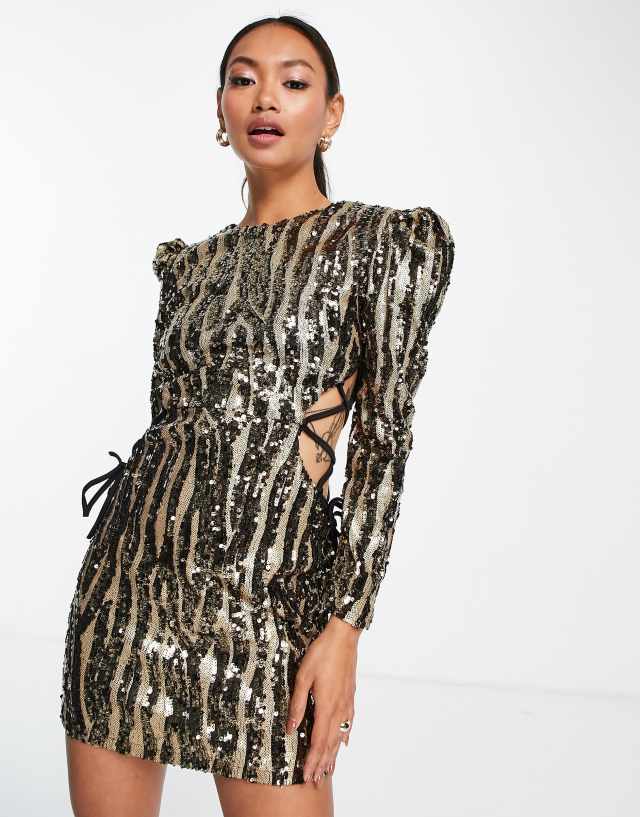 V L the Label lace sided sequin mini dress in metallic