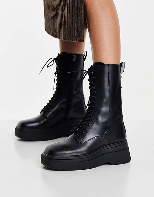 Vagabond Carla lace front flatform boots in black leather