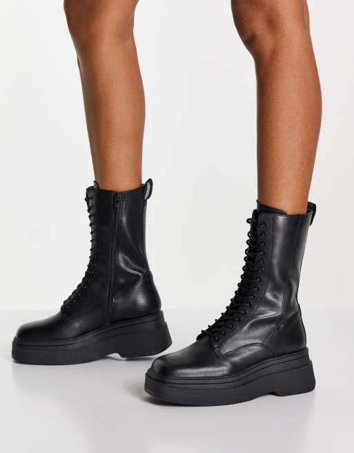 Carla lace flatform boots in black leather | ASOS