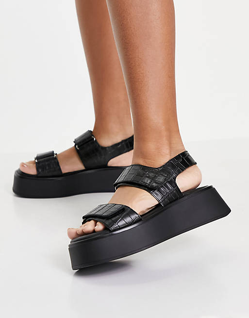 Vagabond Courtney double strap leather flatform sandals in black croc