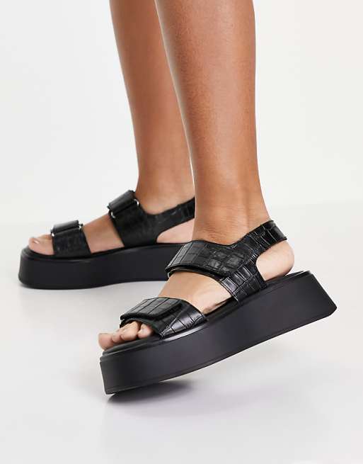 Vagabond Courtney double strap leather flatform sandals in black croc | ASOS