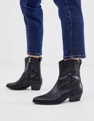 black leather kitten heel boots