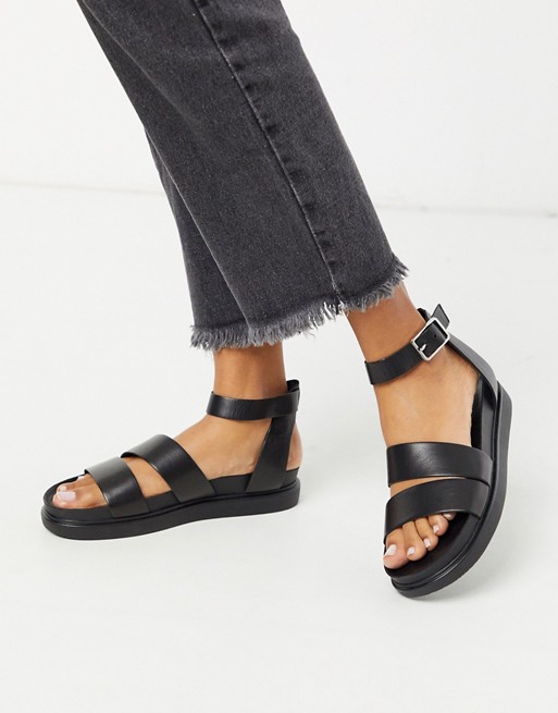 Vagabond Erin double strap leather flat sandals in black