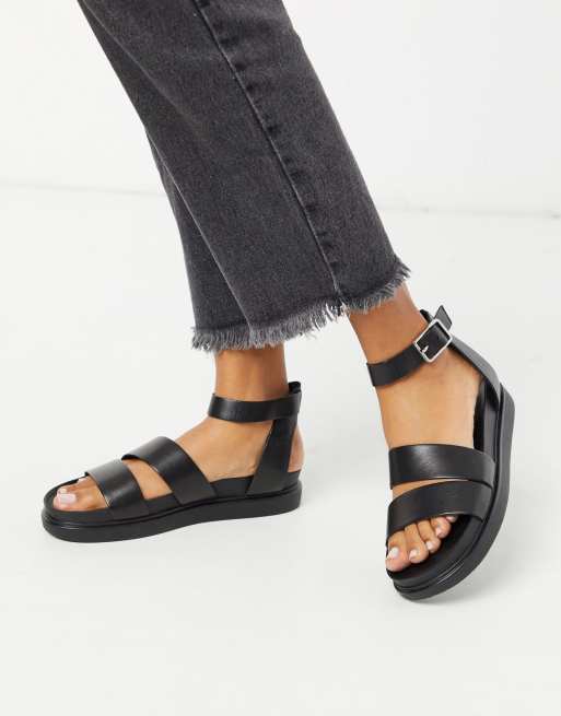 Vagabond Erin double strap leather flat sandals in black ...