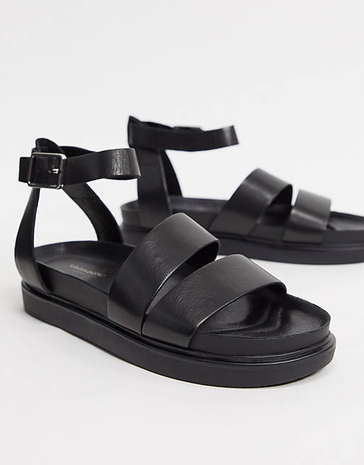 Vagabond Erin double strap leather flat sandals in black | ASOS