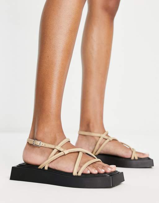 Vagabond Evy strappy flat sandals in beige leather ASOS