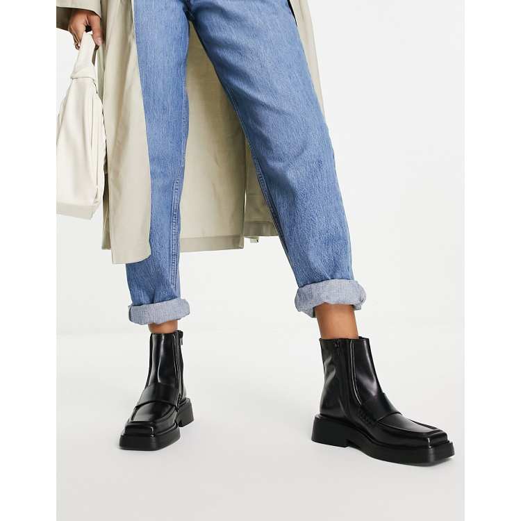 Vagabond Eyra square toe loafer boots in black leather | ASOS