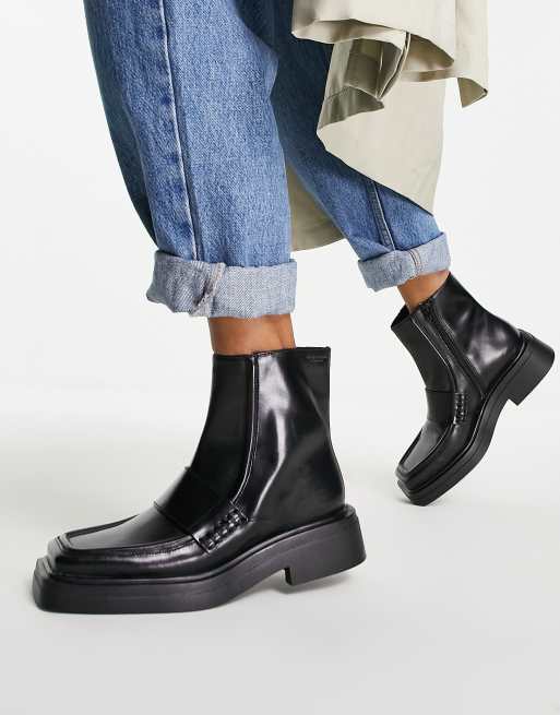 Vagabond Eyra square toe loafer boots in black leather | ASOS