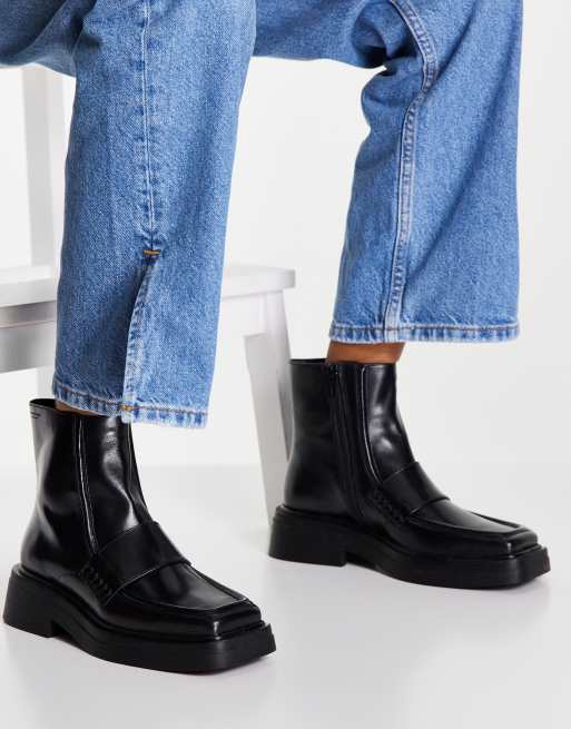 Vagabond Eyra square toe loafer boots in black leather