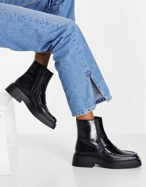 Vagabond Eyra square toe loafer boots in black leather