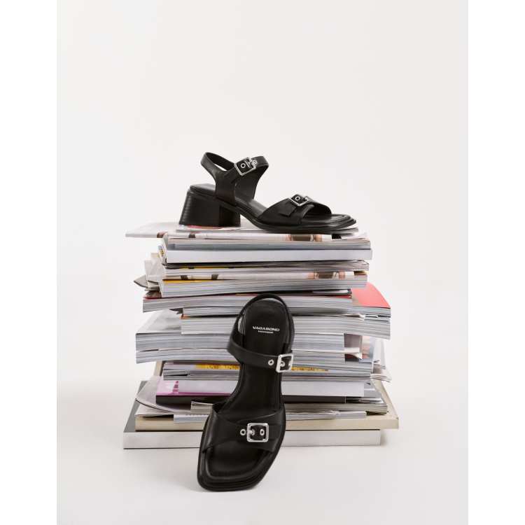 Vagabond Ines leather buckle trim heeled sandals in black | ASOS