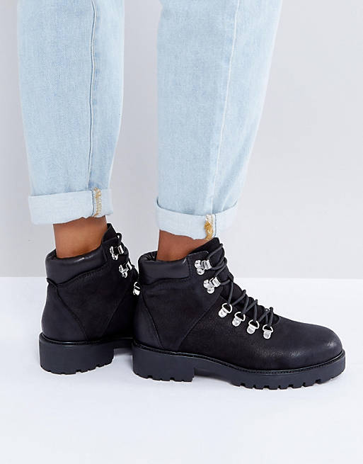 Vagabond Kenova Black Leather Flat Hiking Ankle Boots | ASOS