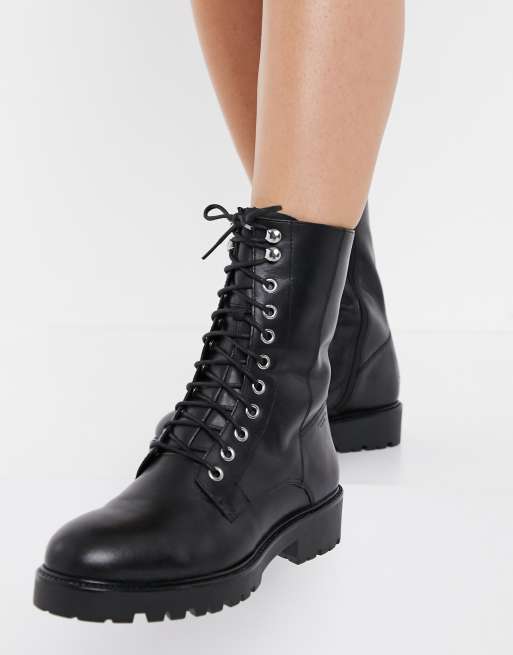 leather lace-up chunky flat boots with warm lining in black | ASOS