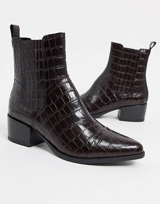 Vagabond - Marja Brune spidse western ankelstøvler i læder med krokodillemønster | ASOS
