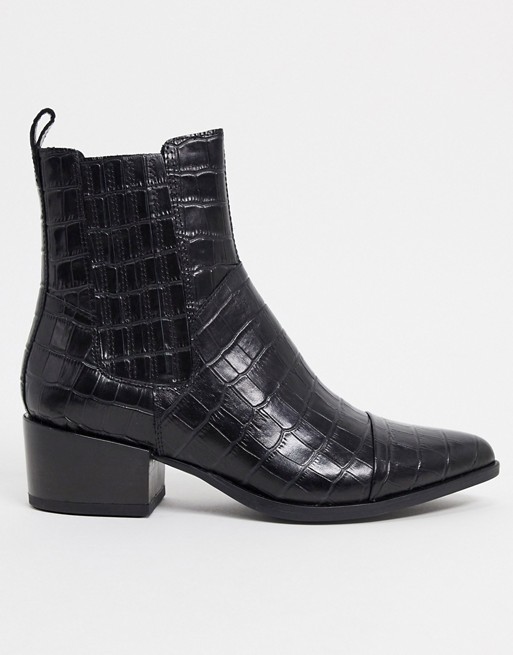 Vagabond Marja leather pointed western ankle boots in black croc