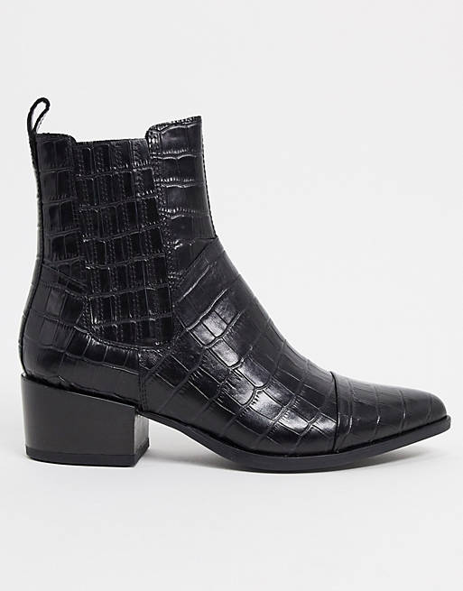 Vagabond Marja leather pointed western ankle boots in black croc | ASOS