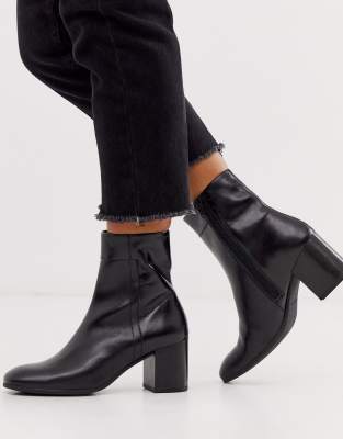 black leather block heel ankle boots