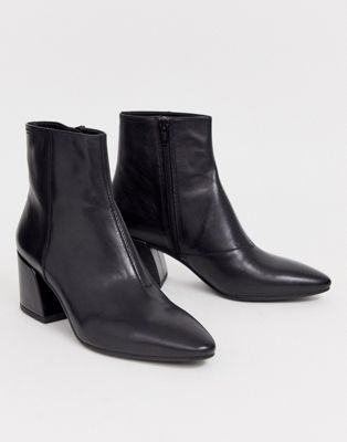 black leather block heel ankle boots